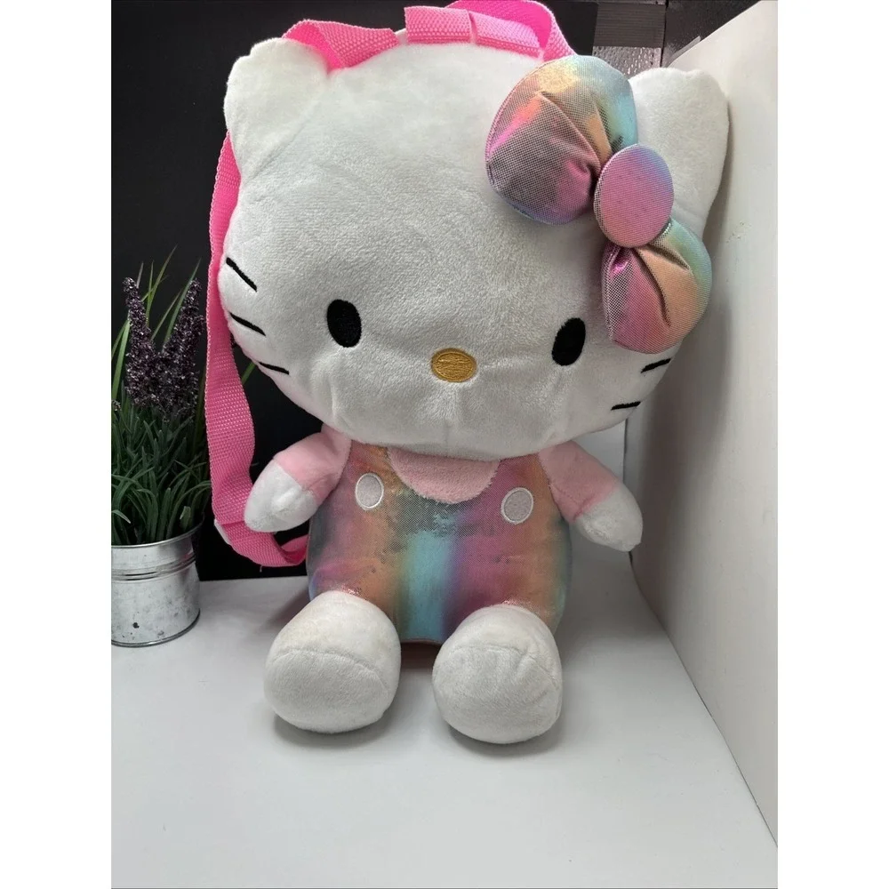 Hello Kitty Rainbow iridescent pink‎ Plush Backpack adjustable straps 10x8x14